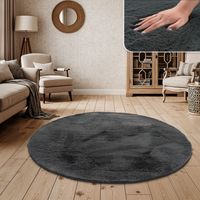 Paco Home Tappeto a pelo lungo per soggiorno in ecopelliccia ultrasoffice tinta unita in diversi colori e misure Ø 160 cm tondo, Grigio Scuro