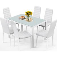 Bealife Ensemble Table et Chaises Table à Manger avec Chaises 1 Table en Verre Trempé 6 Chaises en Cuir PU Dossier Patte Metal Pied en Caoutchouc Blanc
