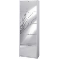 Platzsparendes schmales Schuhregal mit fünf verspiegelten Türen in Ash White 63x29x H190 cm