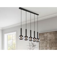 LED Pendelleuchte Industrial 5 flammig mit Rauchglas Kugeln, Breite 115cm