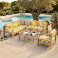 Salon 6 de jardin places en alu crème et bois, housse à rayures jaunes