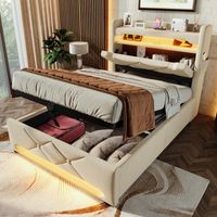 Cama baúl de 90x200cm, cama infantil con puertos USB y Type C, iluminación LED con mando, lino, colchón incluido, beige