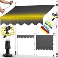 tillvex Klemmmarkise 350 cm Grau mit LED mit Handkurbel Balkon Balkonmarkise ohne Bohren Markise UV-beständig & höhenverstellbar Sonnenschutz wasserdicht