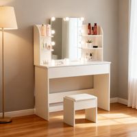Schminktisch MDF Weiß mit LED-Beleuchtung, 3-teiliger Spiegel und Hocker, Frisiertisch mit viel Stauraum