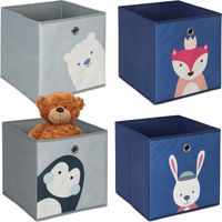 Relaxdays set 4 contenitori bambini, motivi animaletti, pieghevoli per scaffali cubi 30x30x30 cm tessuto multicolore