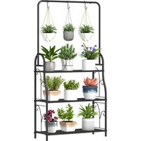 Estantería para Plantas de 3 Niveles con Ganchos de Metal Barra para Colgar para Interior y Exterior Negro