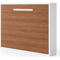 Lit escamotable horizontal MOLANE – Sommier à lattes - Poignée incurvée acier blanc 59cm Matelas mousse 18 cm Blanc-Avec matelas-160x200-Cadre Blanc-Façade Noyer