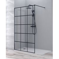 Mampara Ducha Fijo Walk In Vidrio Templado 8mm Antical Cuadrícula Negra Altura 195cm 110 cm (1 fijo) Perfil Negro Mate