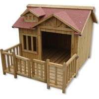Wiltec Niche de chien Maison de luxe XL – Couleur marron – 935 x 1050 x 775 mm – en Bois de sapin – avec Toit bitumé et véranda – pour Balcon Jardin Terrasse
