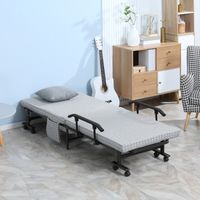 Letto pieghevole, letto per ospiti, schienale reclinabile, braccioli, 8 ruote, struttura in acciaio, grigio chiaro e nero, 190 x 76 x 33 cm