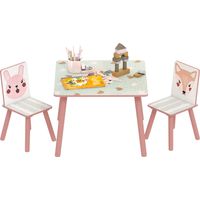 Set Tavolo e Sedie 3 Pezzi per Bambini 3-8 Anni in MDF e di Pino con Disegni di Animali, Rosa