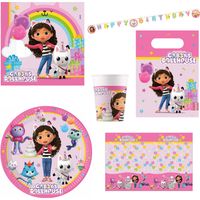Procos PRO10245290DY - Set da festa XL Gabby's Dollhouse, set da 46 pezzi, piatti, tovaglia, tazze, tovaglioli, sacchetti, striscione, set da tavola, articoli per la tavola per bambini