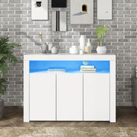 AS EASY (316357358WAA) Buffet vitrine blanc laqué brillant avec éclairage LED, meuble de rangement moderne en bois à 3 portes avec télécommande, idéal pour la cuisine, le salon, la salle à manger ou l
