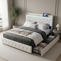 Letto con 4 cassetti 140x190, illuminazione LED e porte USB/Type-C, letto matrimoniale per adulti, struttura letto imbottita in velluto con testiera trapuntata e mensola, Beige