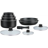 Batterie de cuisine revêtement pierre 10 pièces – Poignée amovible – Compatible induction et tous feux – Nettoyage facile au lave-vaisselle – Noir – Hagen