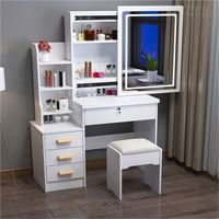 TrAdE Shop Traesio - Set Tavolo Da Toeletta Per Trucco Cosmetici Con Specchio Led Morbido Sgabello Cassetti - Bianco