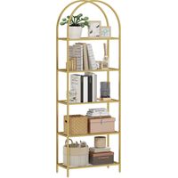 Bibliothèque étagère de rangement en verre à 5 niveaux arqué pour salon, bureau, chambre, 60 x 30 x 175 cm, doré