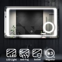 ELEGANT 1000 x 600mm Anti-foggy Wall Mounted Mirror, Frontlit LED Illuminated Bathroom Mirror with 230V Shaver Socket, 3 Times Magnifying