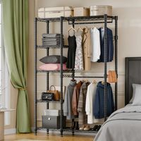 Portant à vêtements en métal avec 5 étagères réglables, 114 x 44 x 195 cm Penderie en Métal, Vestiaire, avec 2 Tringles, Construction acier carbone, Noir