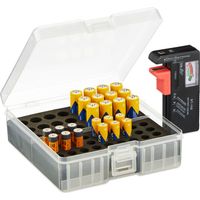 Relaxdays Battery Organiser Box with Tester, for 60 AA & AAA Batteries, HWD: 5.5 x 15 x 15.5 cm, Transparent/Black