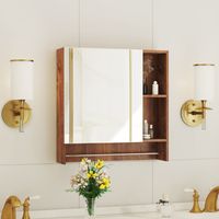 Armoire de salle de bain en noyer en MDF,avec miroir et étagères ouvertes – Armoire à miroir pratique pour salle de bain