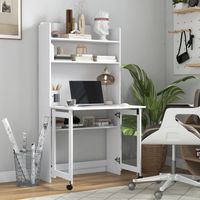 Bureau pliable avec bibliothèque à 4 étagères, 2 roues et trou pour câbles, 80x69x155 cm, Blanc