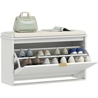 Panca Scarpiera con Ripiano Interno, in Legno e Tessuto Effetto Lino, 80x26x47.5 cm, Bianca e Beige