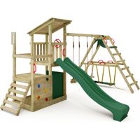Fatmoose FruityForest Fun wooden play tower with surf extension and slide in green