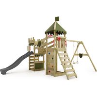 Fatmoose – Tour de jeu en bois avec balançoire double et toboggan à vagues 220 cm – Bois massif traité autoclave – Pour enfants jusqu'à 50 kg