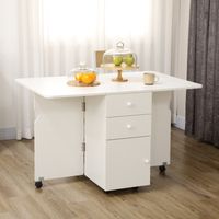 Extendable Dining Table, Drop Leaf Table with 2 Drawers, Cabinet and 6 Wheels for Small Spaces, Kitchen, White