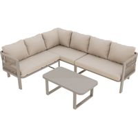 Salon de Jardin d’angle 6 Places – Table Verre – Banc + Chaises + Canapé – Acier Galvanisé – Corde Teslin – Kaki