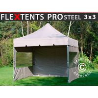 Gazebo pieghevole FleXtents PRO Steel "Peaked" 3x3m Latte, incl. 4 fianchi