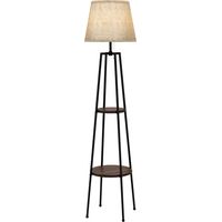 Lampadaire à 2 étagères, douille E27 (40 W), interrupteur à tirette, abat-jour en tissu, 42 x 42 x 166 cm, noir et marron