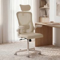 Silla de oficina ergonómica JAMES en tejido transpirable y reposacabezas con ruedas beige y blancas