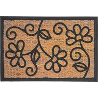 Paillasson Relaxdays, fibre de coco & PVC, motif floral, 60 x 40 cm, intérieur et extérieur, antidérapant, naturel/noir