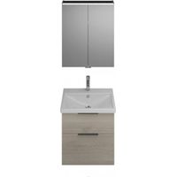 Burgbad Eqio Badmöbel-Set, mit Keramikwaschtisch + Unterschrank und Spiegelschrank, mit Griffleiste Eiche Dekor Flanelle/Alpinweiss 65 cm Schwarz matt