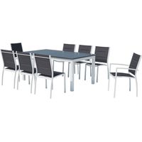 Concept-Usine – Ensemble table et 8 chaises de jardin extensible – Aluminium et toile PVC blanc – Rallonge papillon 173-243 cm – Résistant aux UV et intempéries