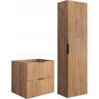 Rodan Badmöbel Set Braun Matt und Eiche Craft, Waschbeckenunterschrank 46 x 60 x 57 cm und Hochschrank 35 x 136 x 27 cm, Soft-Close