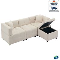 Divani angolare 3 posti 204x126x69 cm, pouf contenitore, 2 cuscini inclusi, tessuto ciniglia, beige