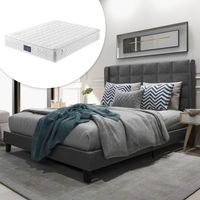 Cama tapizada con cabecero acolchado, cama doble con somier de láminas, 140x200cm, en lino gris, firmeza media (con colchón de muelles)