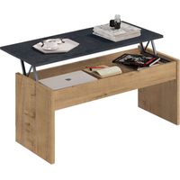 Table basse relevable chêne doré et marbre – Hauteur 47-58 cm – Largeur 100 cm – Profondeur 50 cm – Rangement intérieur accessible – Muebles Pitarch
