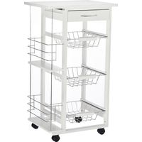 Carrello Isola da Cucina Salvaspazio di Pino, Carrello Portavivande con 4 Ruote Cassetto 3 Cesti Estraibili Portafrutta, Bianco