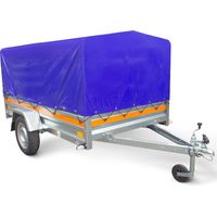 Remorque simple essieu 236 x 125 cm – PTAC 499 kg – Châssis acier 2,5 mm – Ridelle arrière ouvrante – Basculante avec bâche haute – Tema