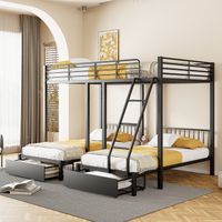 Dreistufiges Etagenbett 90/140 x 200 cm mit Schubladen, Metallrahmen, umbaubar in ein Doppelbett und zwei Einzelbetten, schwarz