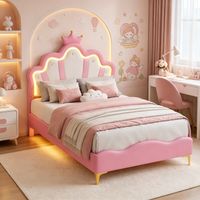 Lit princesse 90×190cm avec couronne,lit enfant simple avec lumière LED, lit capitonné avec tête de lit réglable, lit fille à motif couronne, tête de lit nuage, Sommier à lattes, PU, Rose