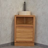 Meuble sous vasque d'angle en teck massif 50 cm – Niche et placard avec étagère – Porte avec fermeture douce – Pour petites pièces d'eau – Wildwater