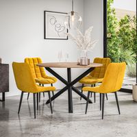Malvern Round Dining Table And Chairs - Oak Table Top w Solid Black Oak Legs + Nova Velvet Dining Chair Set Of 4 (Mustard)