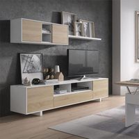 Hogar24 – Meuble de salon BELUS en chêne canadien 200 cm – 2 portes latérales – Étagère suspendue – Design nordique moderne – Blanc brillant
