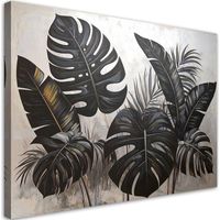 Quadro su tela Foglie nere di monstera e banano su sfondo grigio 100x70