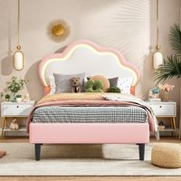 Lit enfant 90x200, Lit simple avec LED et Sommier à Lattes, Tête lits Réglable en Forme de Nuage, Rose lit princesse rembourré, PU